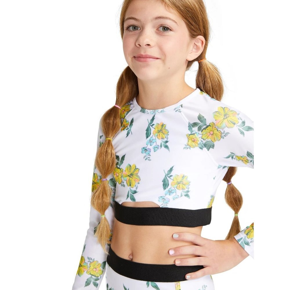 Justice Girls Long Sleeve Elastic Trim Floral Print Rash Guard Swimsuit TOP Sm
